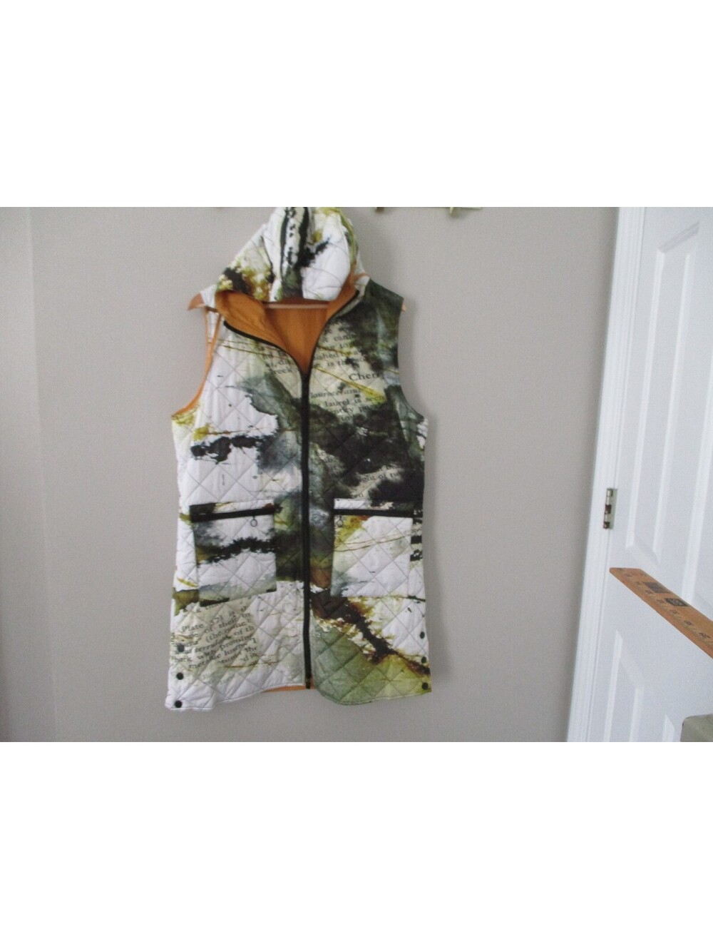 Reversible Quilted Hooded Puffer Vest Abstract Camo Collage Mustard Yellow XL